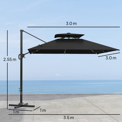 3.5m Aluminium Cantilever Parasol w/ LED Lights Crank Tilt UV50+ Black
