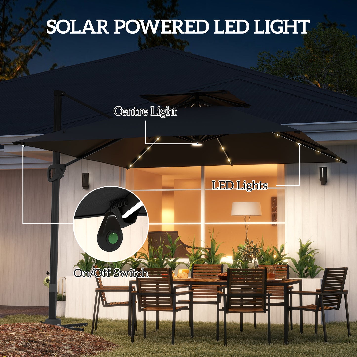 3.5m Aluminium Cantilever Parasol w/ LED Lights Crank Tilt UV50+ Black