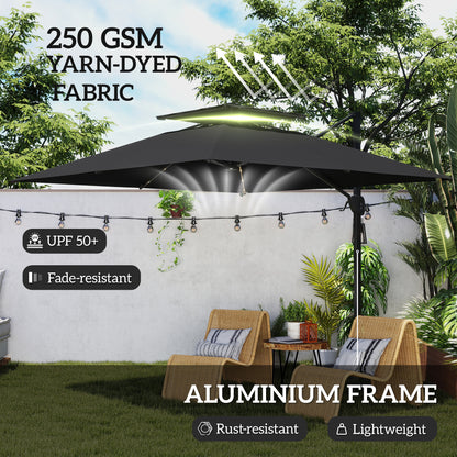 3.5m Aluminium Cantilever Parasol w/ LED Lights Crank Tilt UV50+ Black
