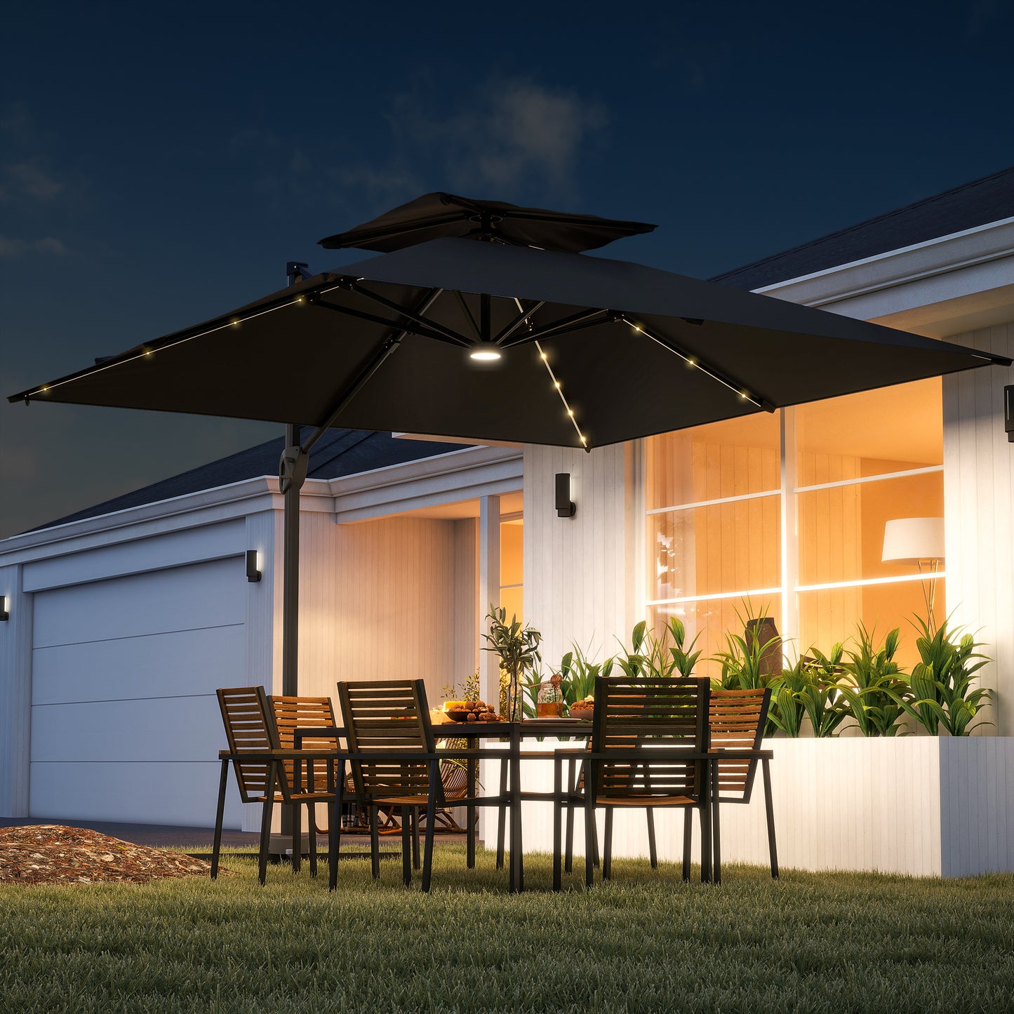 3.5m Aluminium Cantilever Parasol w/ LED Lights Crank Tilt UV50+ Black
