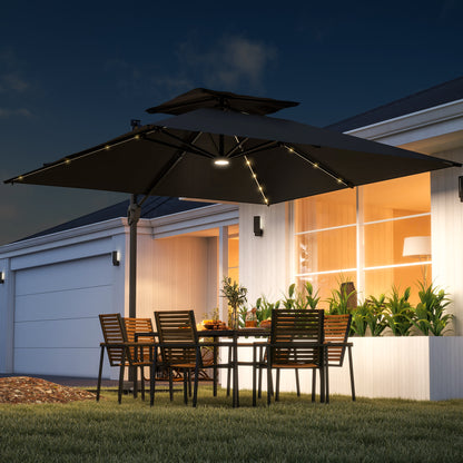 3.5m Aluminium Cantilever Parasol w/ LED Lights Crank Tilt UV50+ Black