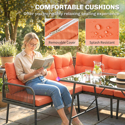 Sectional Outdoor Furniture with Glass Top Table, Orange
