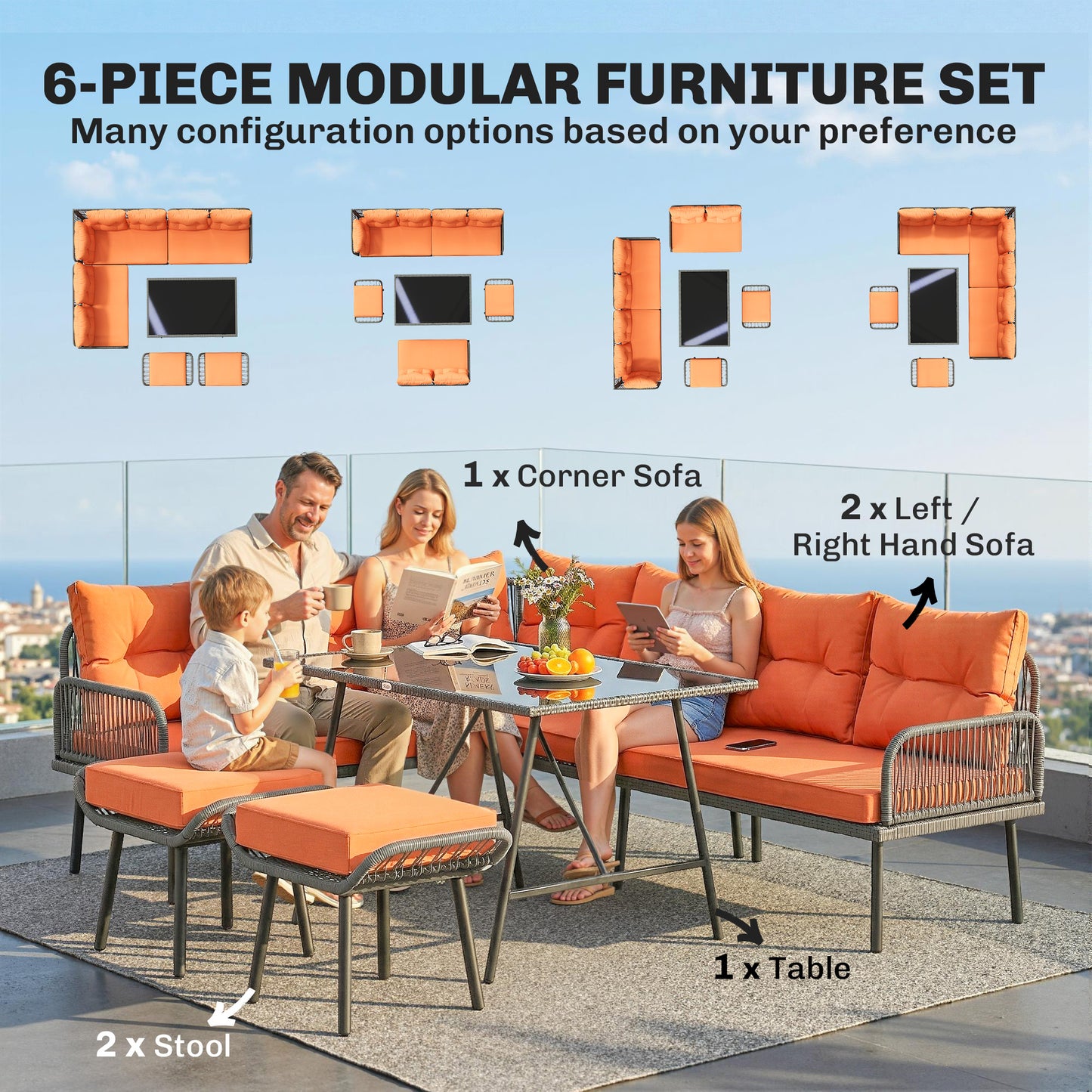 Sectional Outdoor Furniture with Glass Top Table, Orange