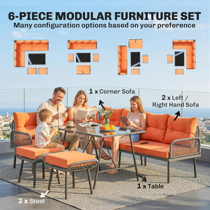 Sectional Outdoor Furniture with Glass Top Table, Orange