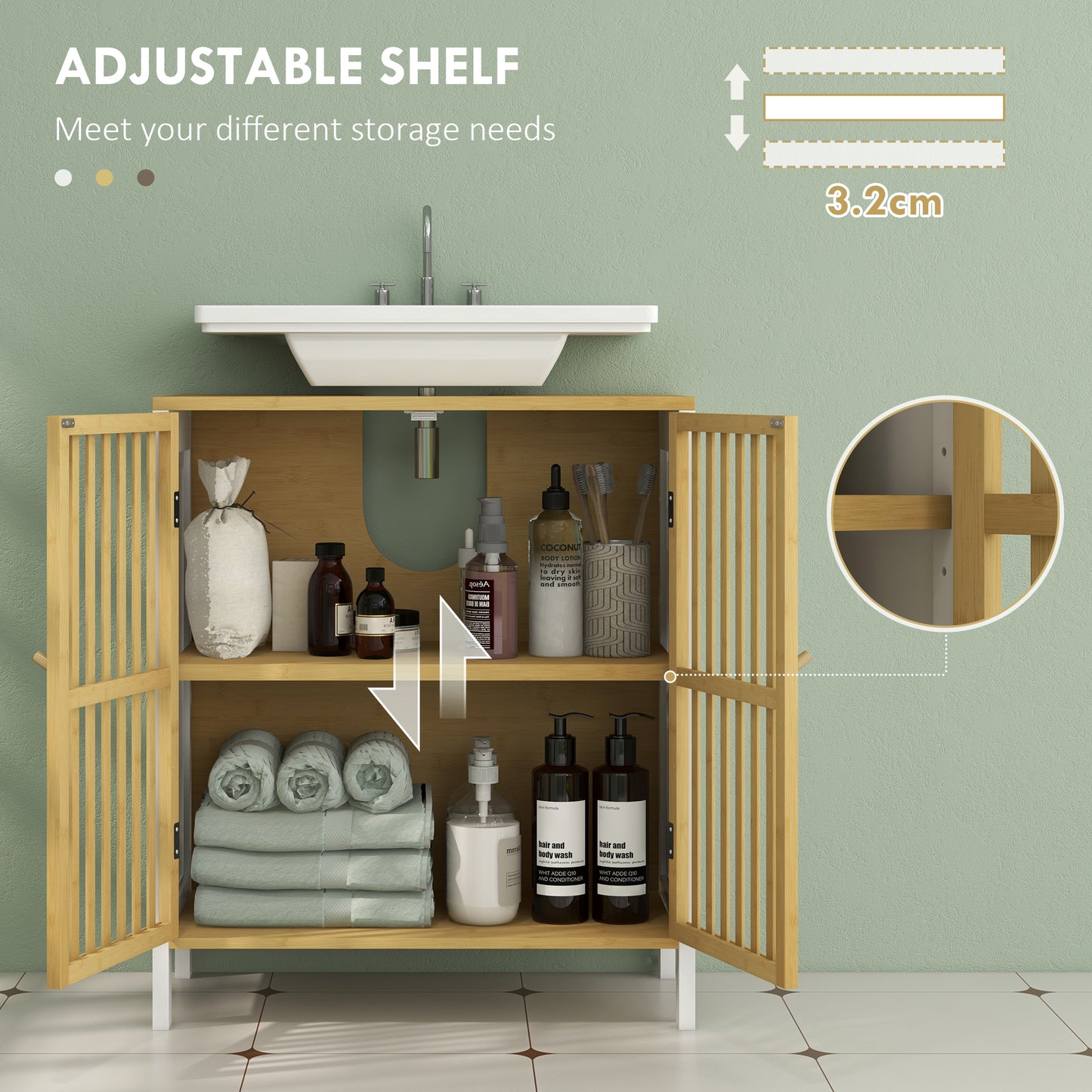 Under Sink Bathroom Cabinet, Bamboo Sink Storage Cabinet Slat Doors