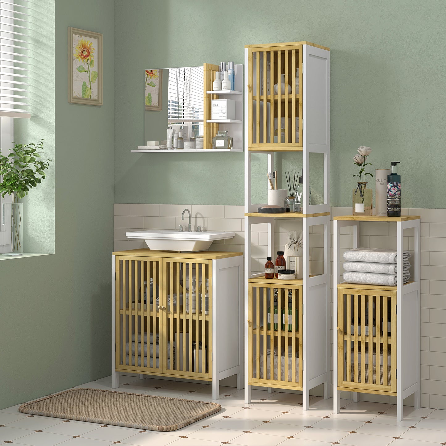 Under Sink Bathroom Cabinet, Bamboo Sink Storage Cabinet Slat Doors