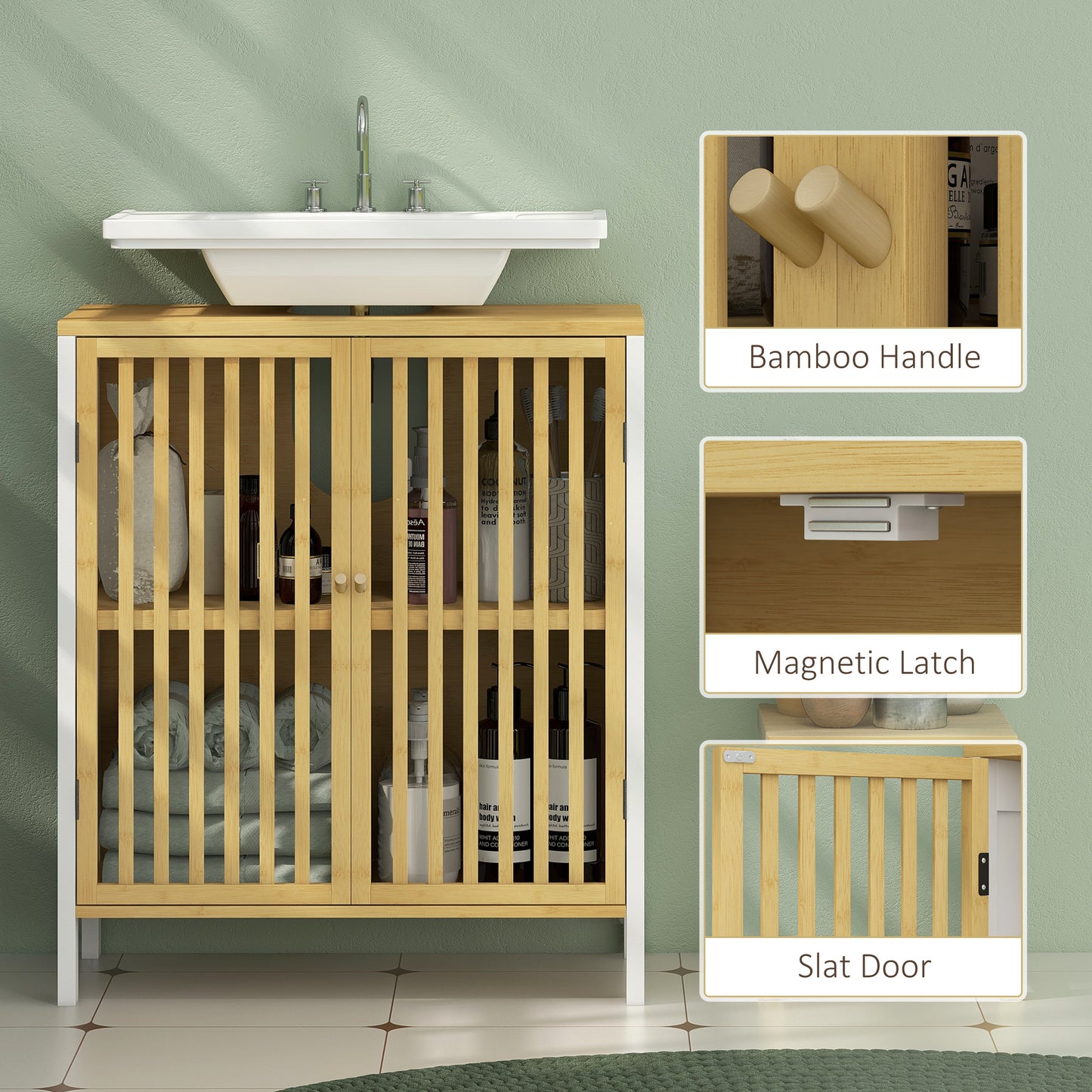 Under Sink Bathroom Cabinet, Bamboo Sink Storage Cabinet Slat Doors