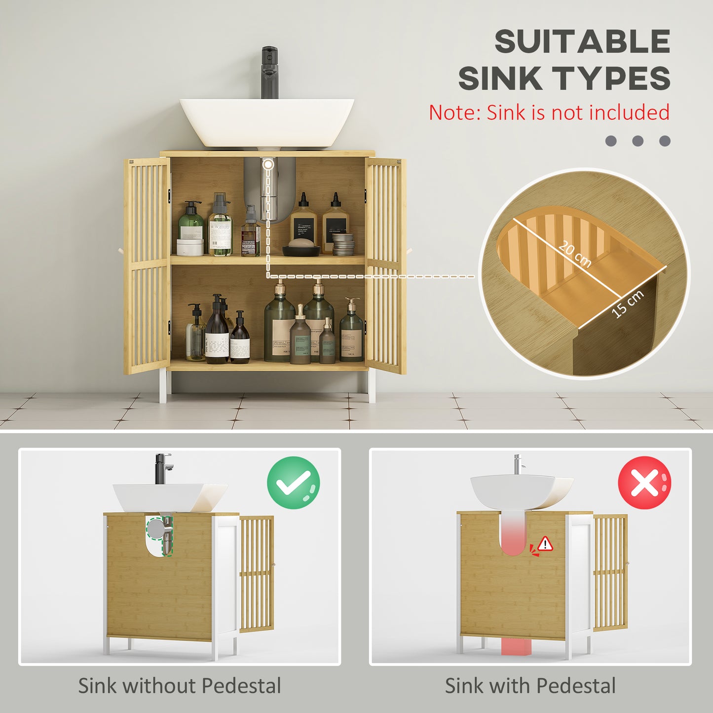 Under Sink Bathroom Cabinet, Bamboo Sink Storage Cabinet Slat Doors