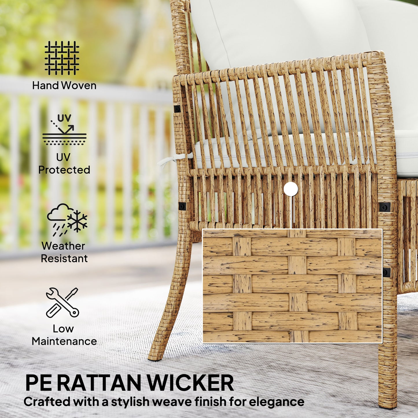 3 Piece Rattan Garden Furniture Set with Cushions, Natural Wood