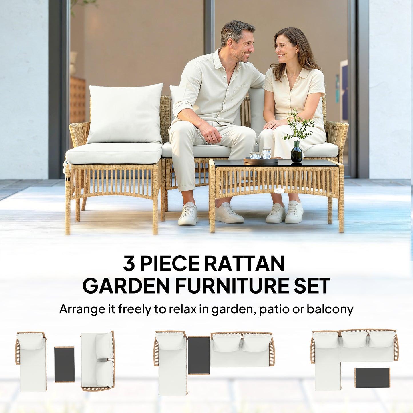 3 Piece Rattan Garden Furniture Set with Cushions, Natural Wood