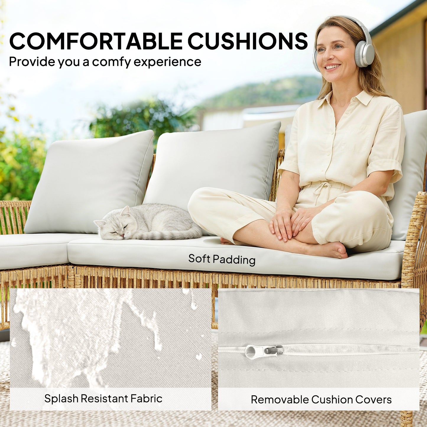 3 Piece Rattan Garden Furniture Set with Cushions, Natural Wood
