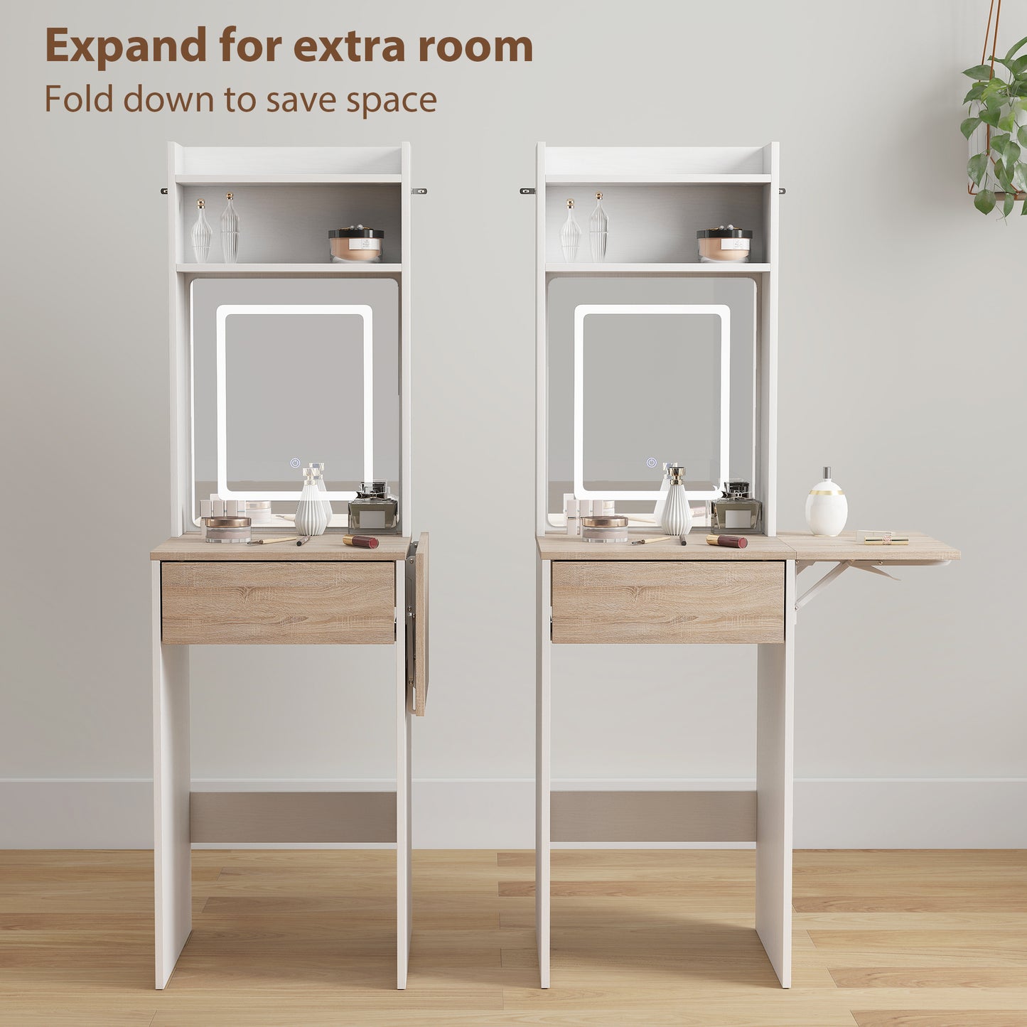 Compact Dressing Table with Lighted Mirror Open Shelves Drawer White