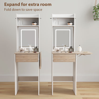 Compact Dressing Table with Lighted Mirror Open Shelves Drawer White