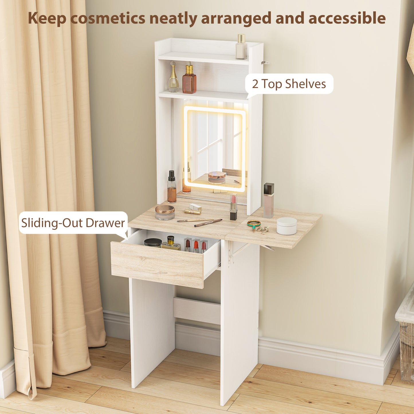 Compact Dressing Table with Lighted Mirror Open Shelves Drawer White