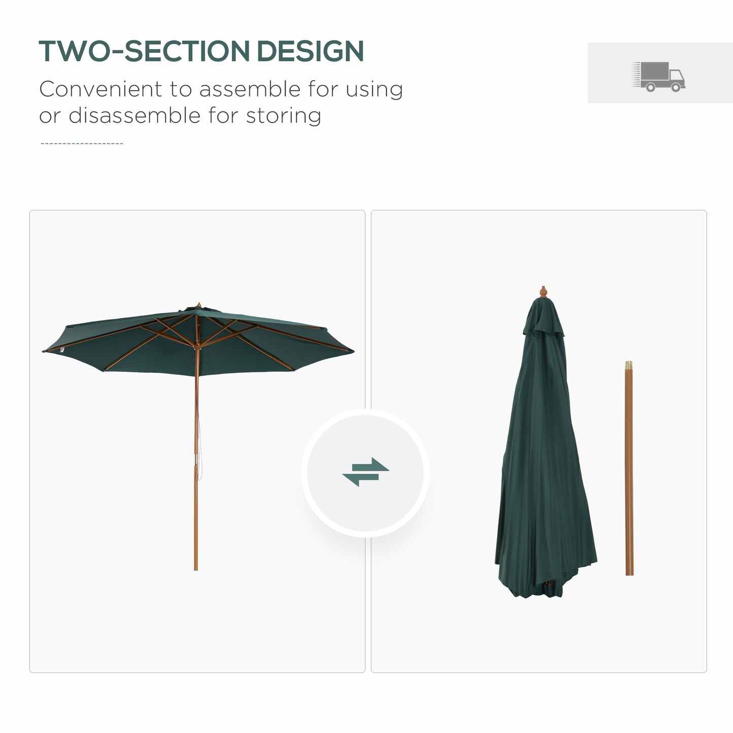 3(m) Wooden Patio Umbrella, Pulley Operated Garden Parasol with Rope Pulley Mechanism and 8 Ribs, Green