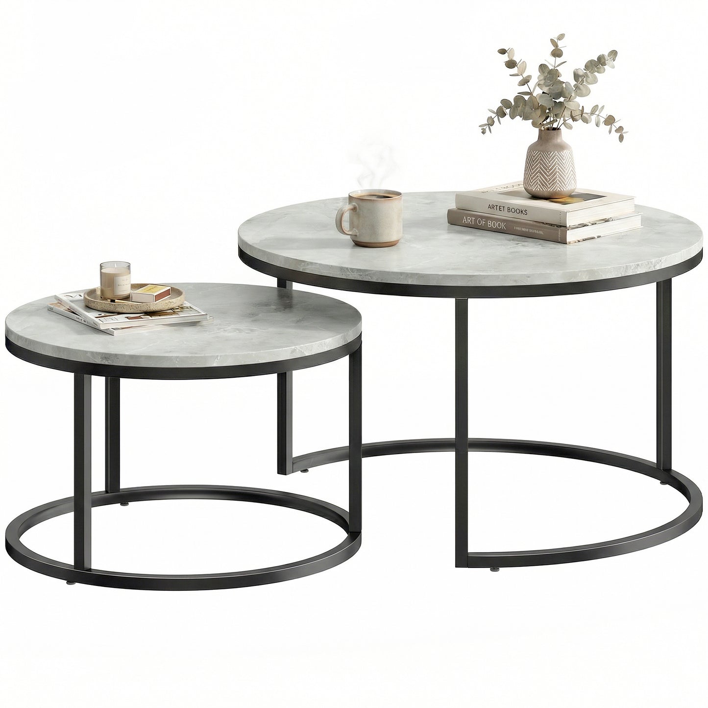 2 Pcs Stacking Coffee Table Set Steel Frame, Marble Grey