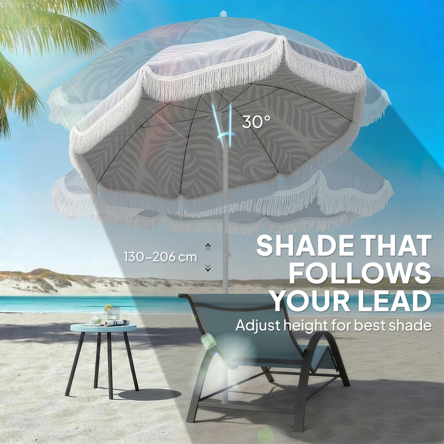 1.8 m Beach Umbrella Parasol with Sand Anchor, 30 Tilt, Light Grey