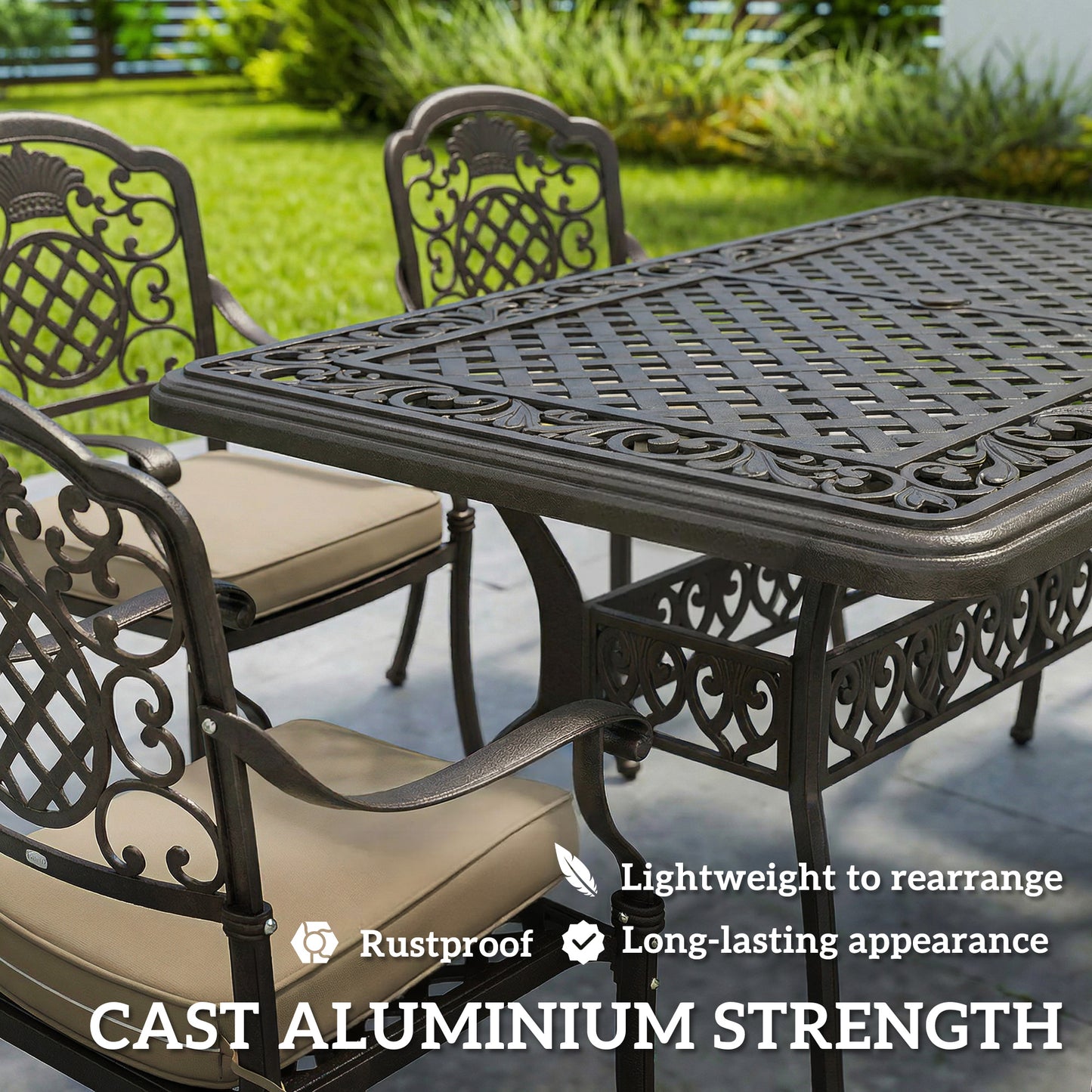 Outdoor Dining Set with Cushions, Parasol Hole, Bronze Tone
