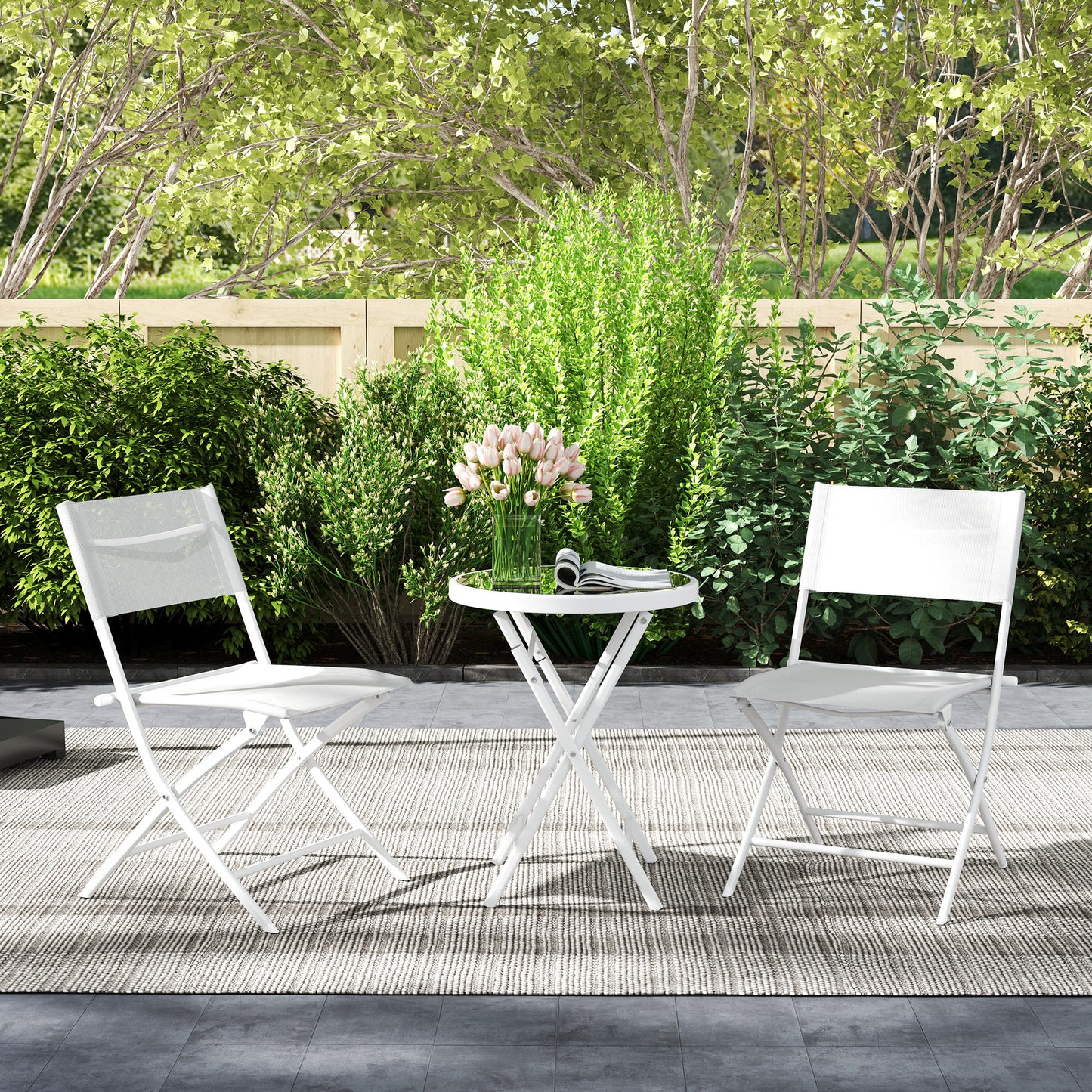 3 Pieces Outdoor Bistro Set, Glass Top Table and Chairs, White