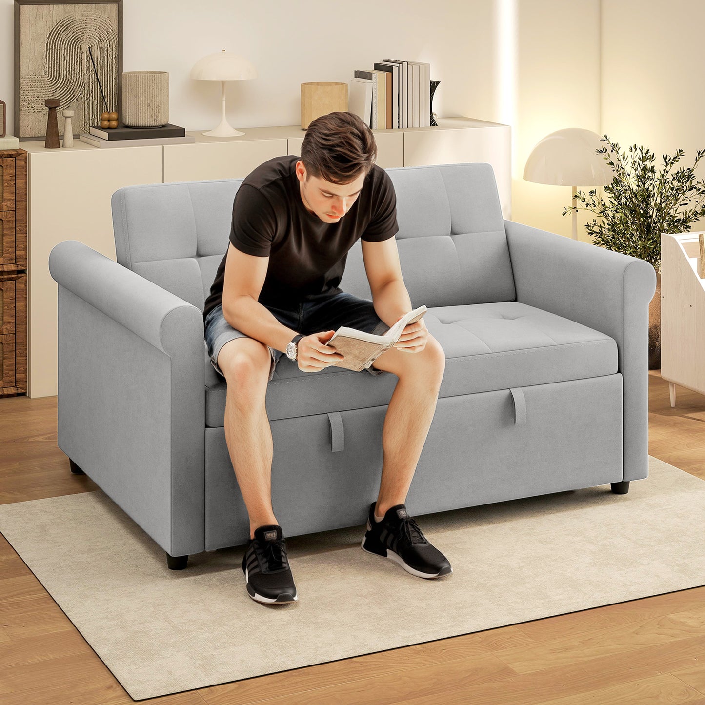 Convertible Pull Out Sleeper Sofa Bed Settee for Living Room, Grey