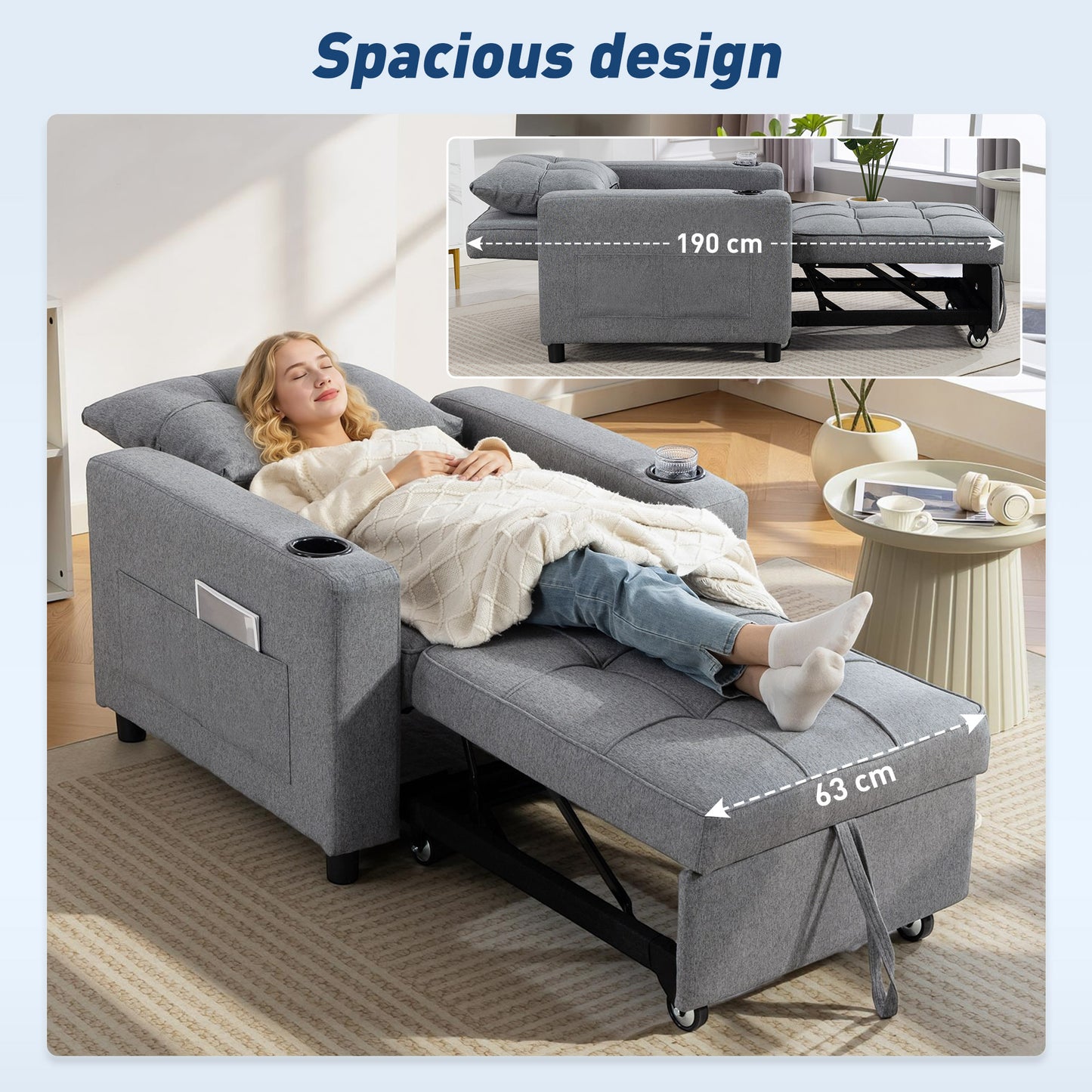 3-in-1 Sofa Bed, Convertible Sleeper Chair with Adjustable Backrest
