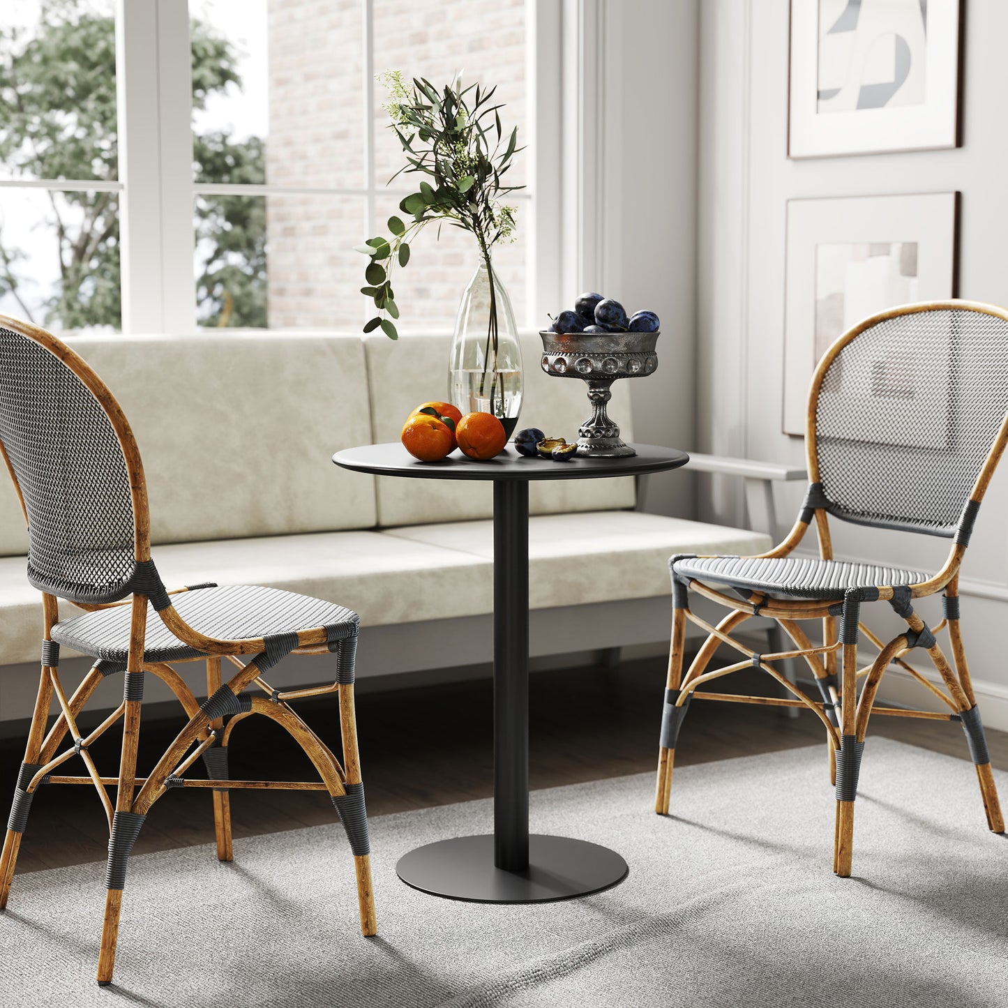 Dining Table, 60 cm Round Kitchen Table for 2 with Steel Base, Black
