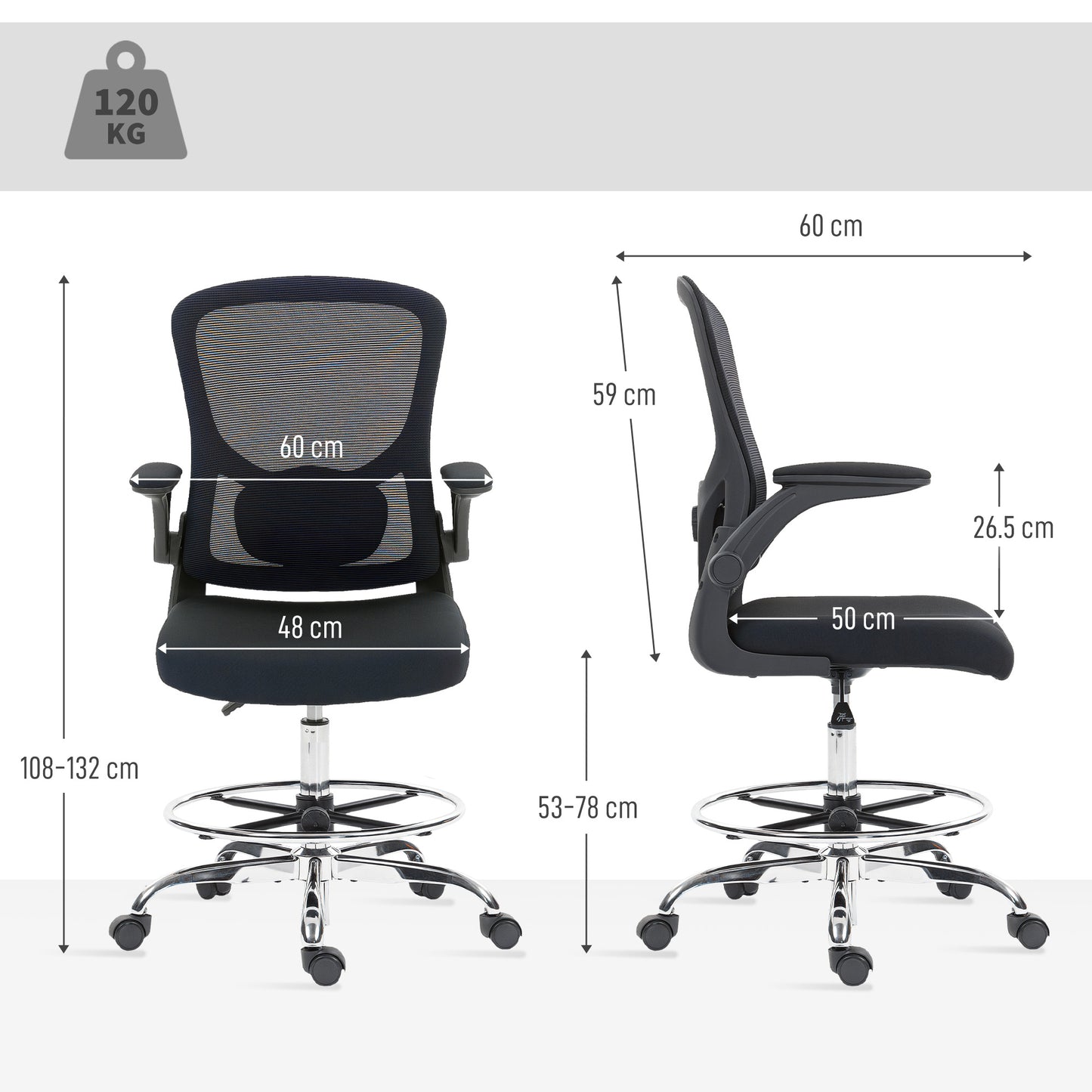 Ergonomic Tall Office Chair, 360 Degree Swivel Task Stool, Black
