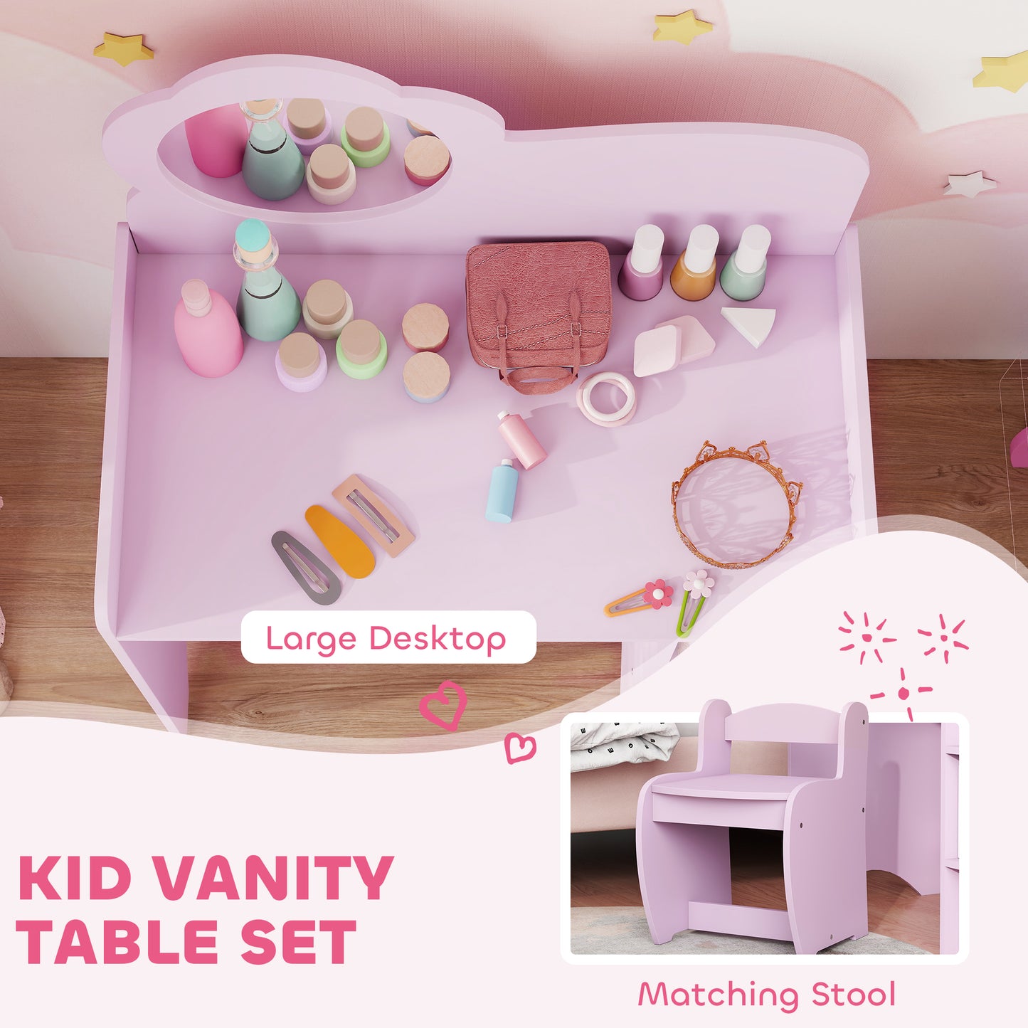 Kids Dressing Table with Mirror, Stool, Vanity Table, Purple