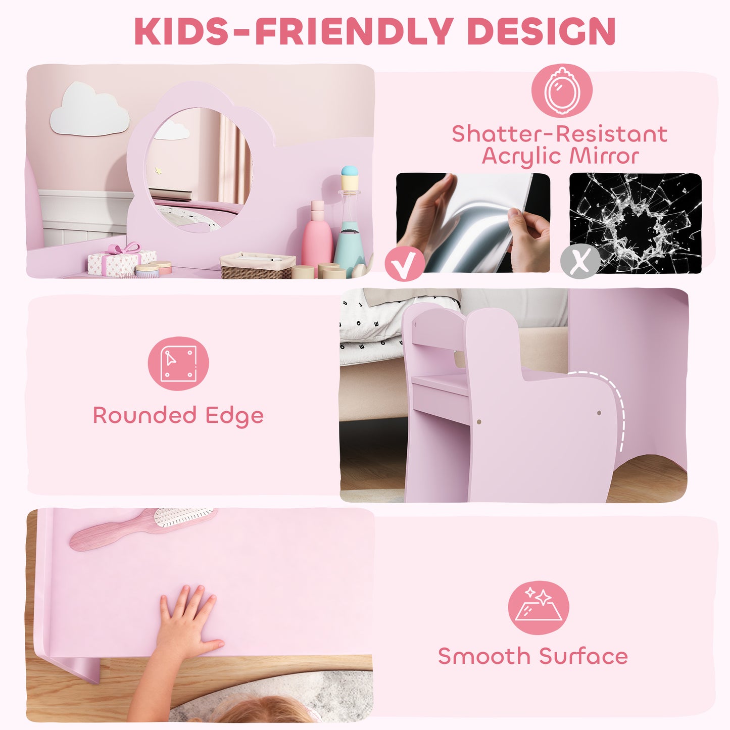Kids Dressing Table with Mirror, Stool, Vanity Table, Purple