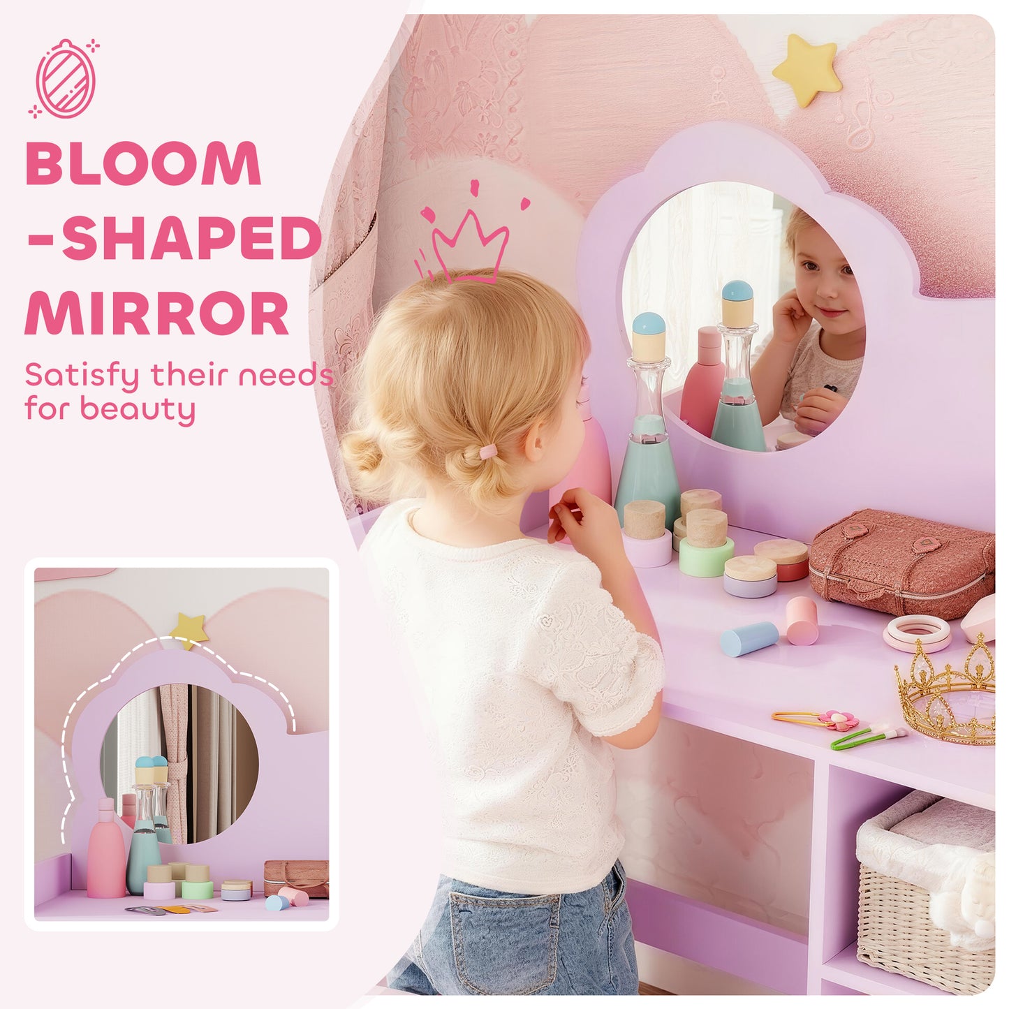 Kids Dressing Table with Mirror, Stool, Vanity Table, Purple
