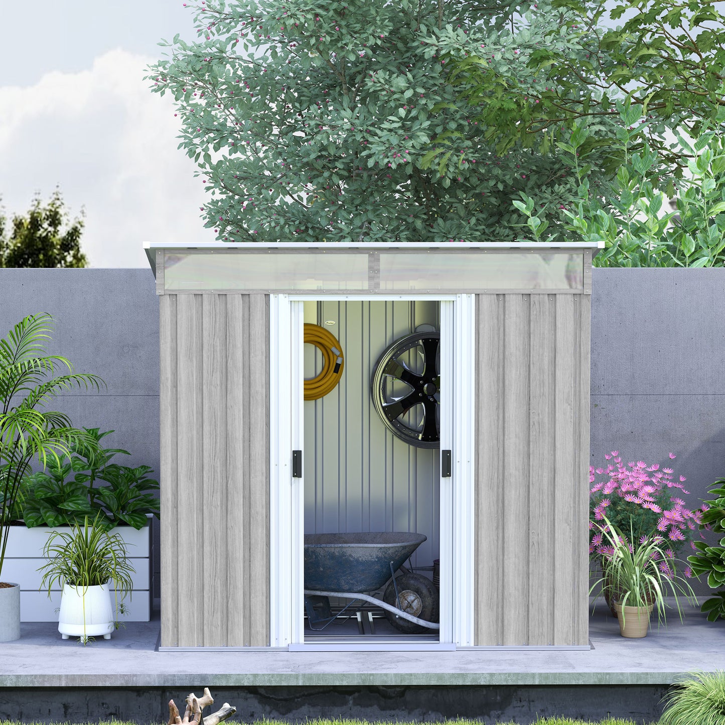 6.5x4FT Garden Shed Lockable Metal Tool Shed Light Grey Wood Effect