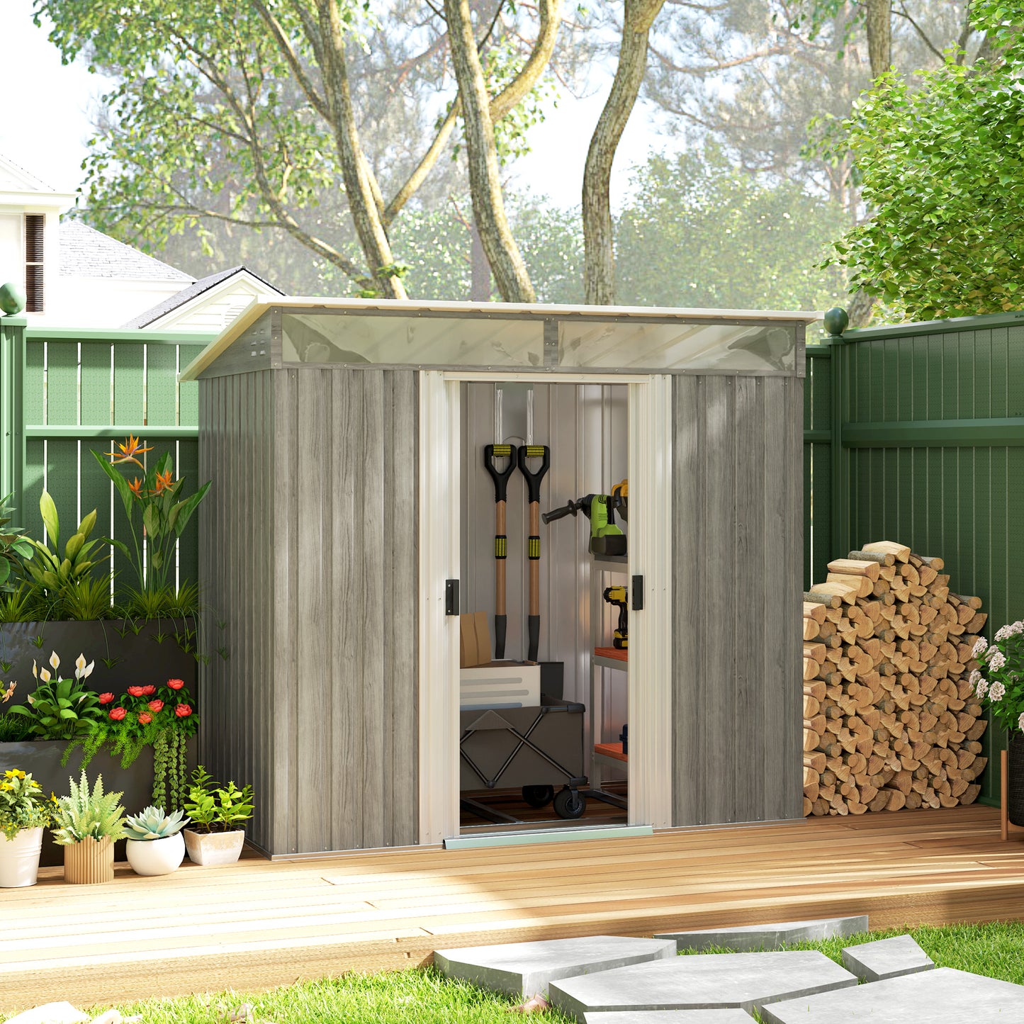 6.5x4FT Garden Shed Lockable Metal Tool Shed Light Grey Wood Effect