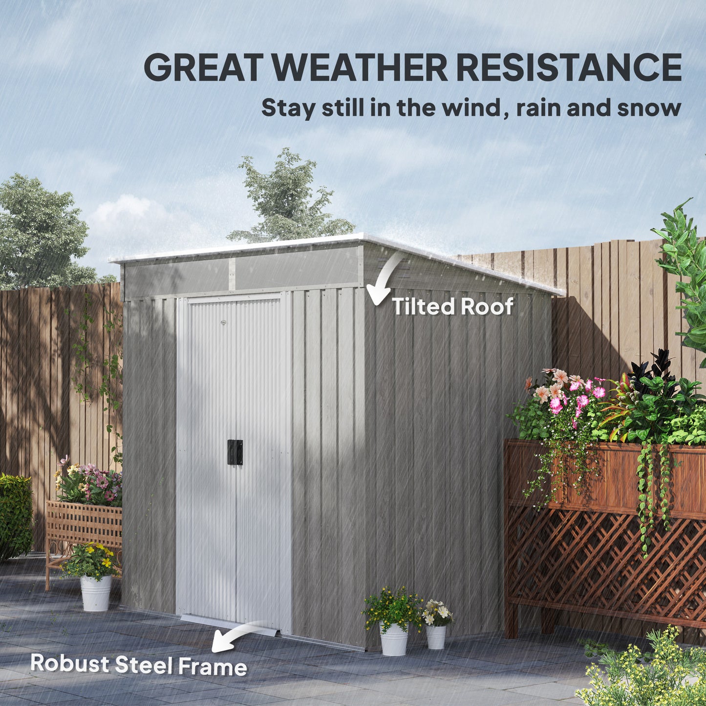 6.5x4FT Garden Shed Lockable Metal Tool Shed Light Grey Wood Effect