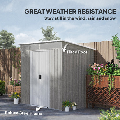 6.5x4FT Garden Shed Lockable Metal Tool Shed Light Grey Wood Effect