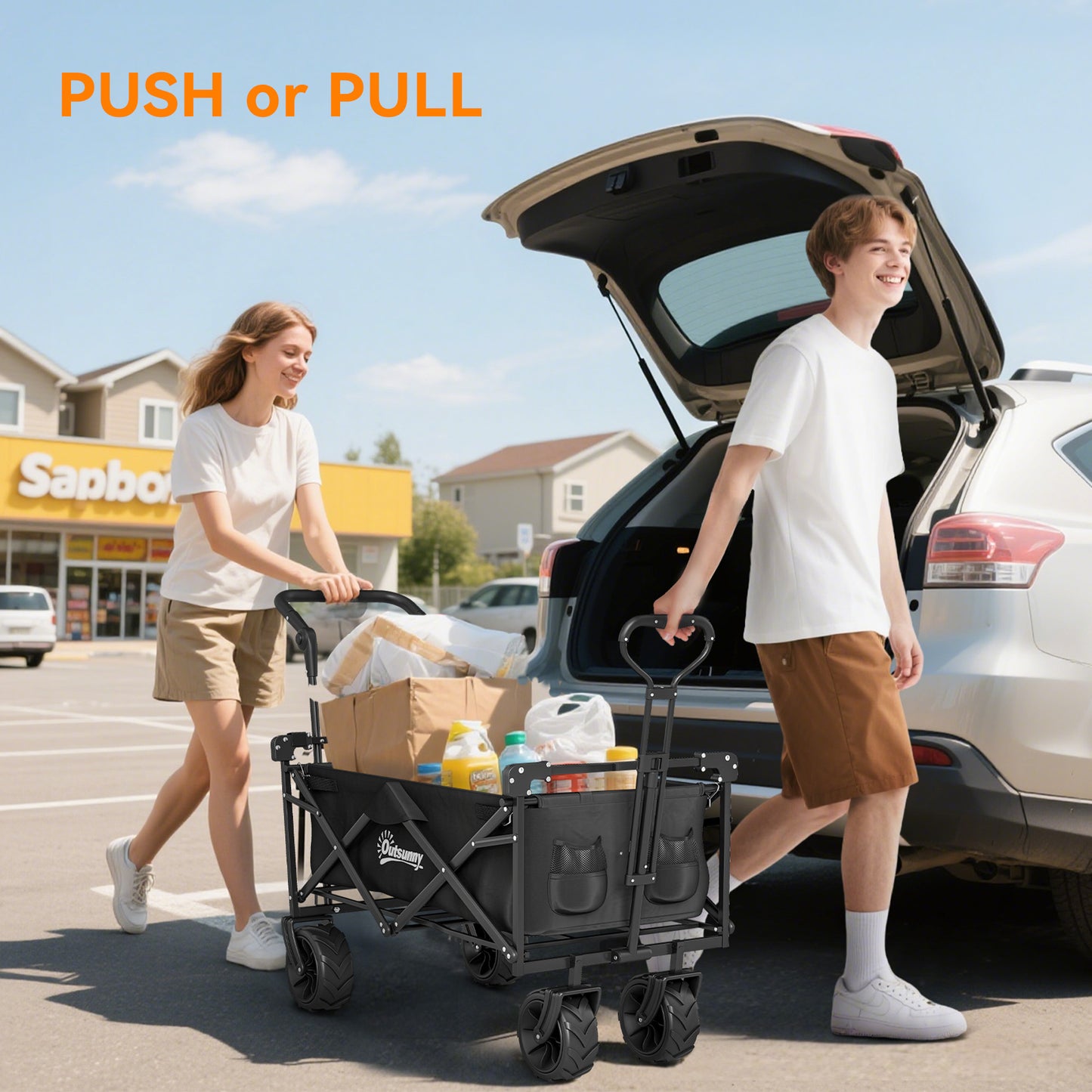 Outdoor Push Pull Wagon Stroller Cart w/ Canopy Top Black