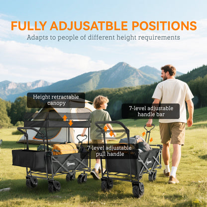 Outdoor Push Pull Wagon Stroller Cart w/ Canopy Top Black