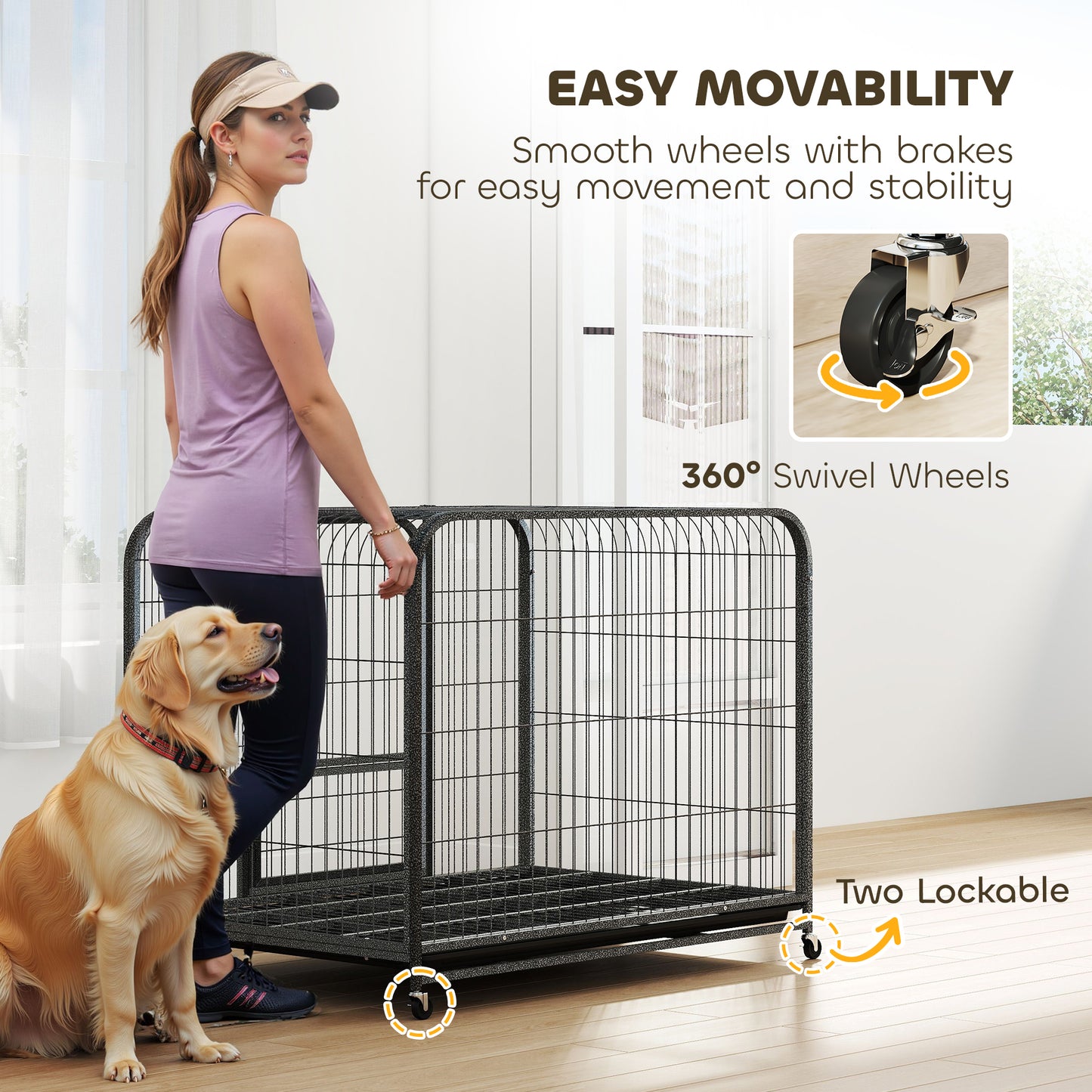Heavy Duty Dog Crate, Large Dog Cage with Wheels and Tray