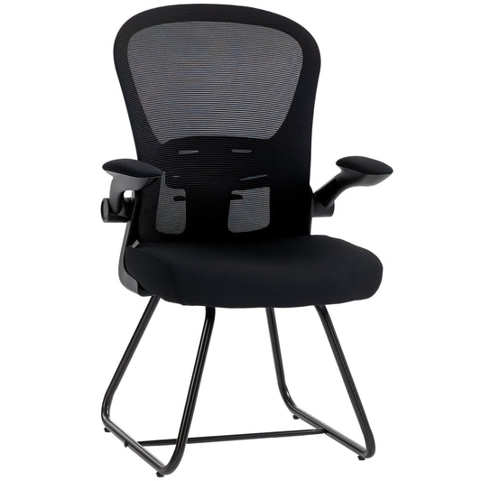 Reception Chair, Conference Meeting Office Chair with Flip-up Armrest, Mesh Backrest, Lumbar Support and Metal Base for Waiting Room Home Office, Black