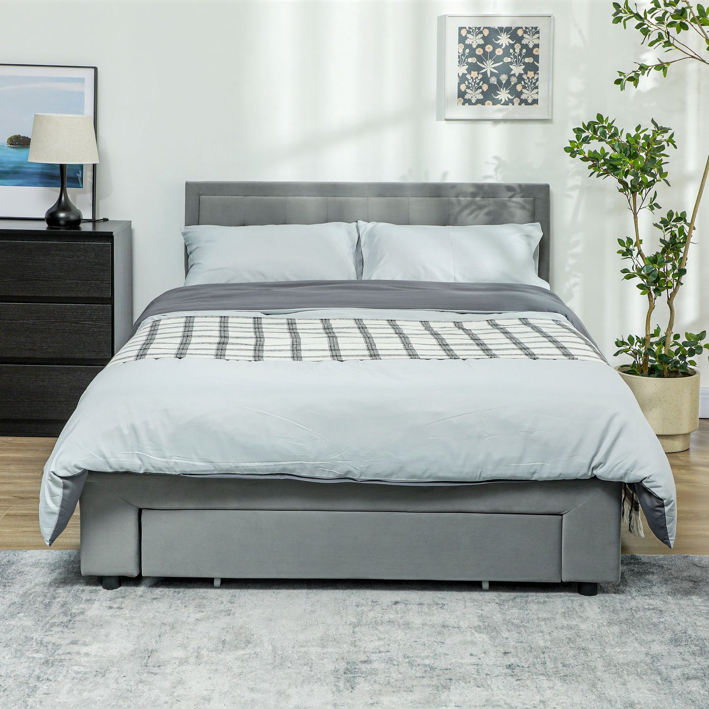 Double Bed Frame with Storage and Adjustable Velvet Headboard