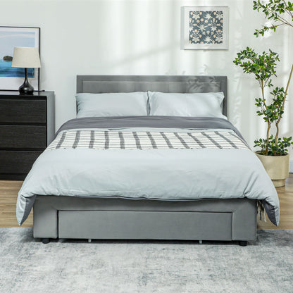 Double Bed Frame with Storage and Adjustable Velvet Headboard