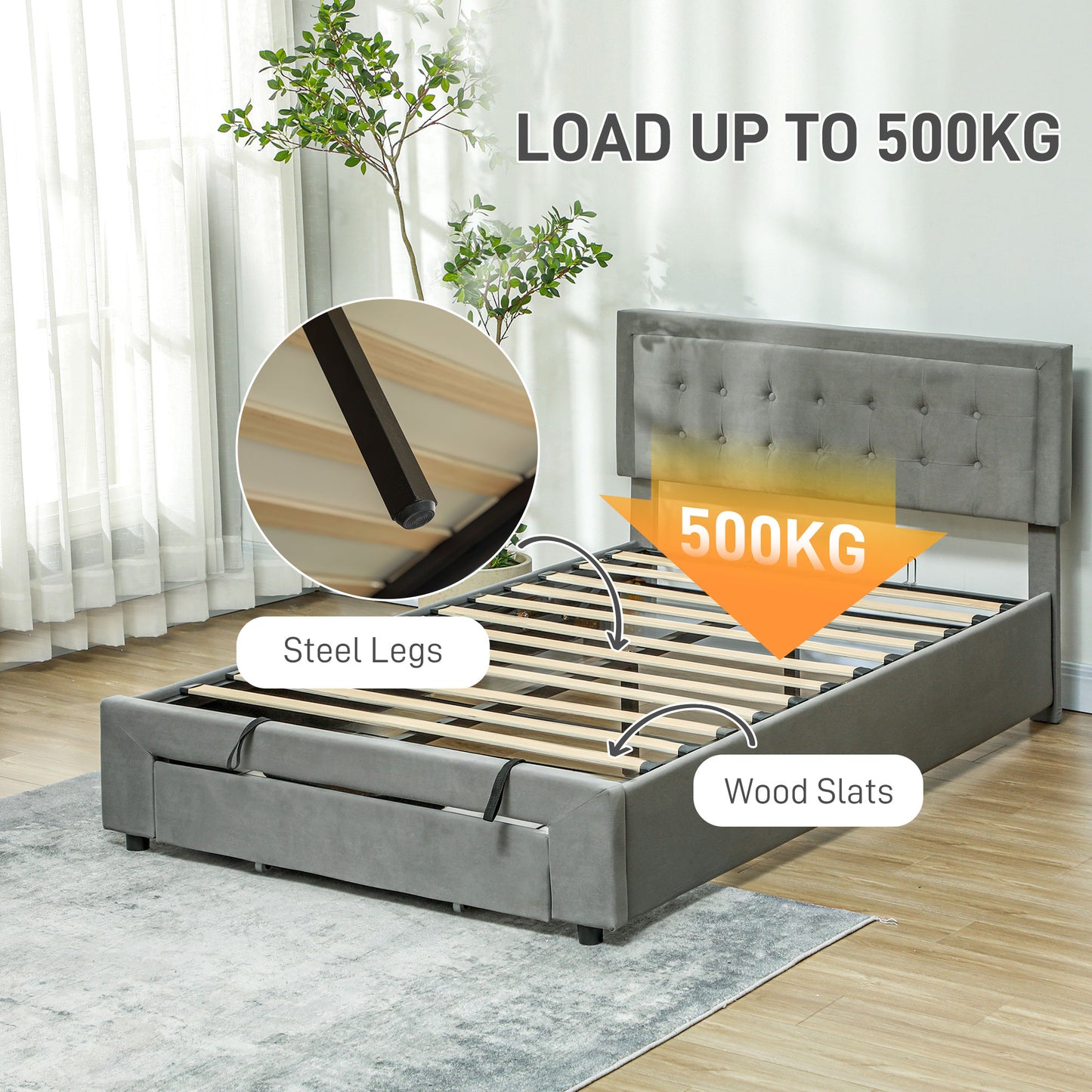 Double Bed Frame with Storage and Adjustable Velvet Headboard