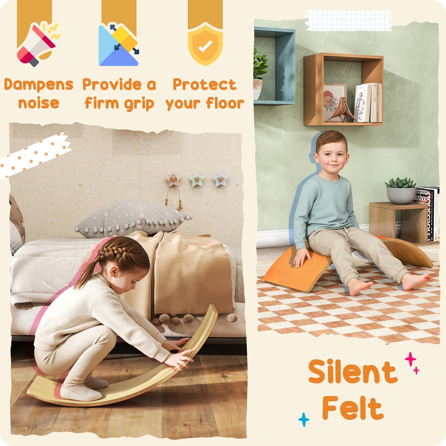 Wooden Balance Board for Kids, Wobble Board with Felt, Orange