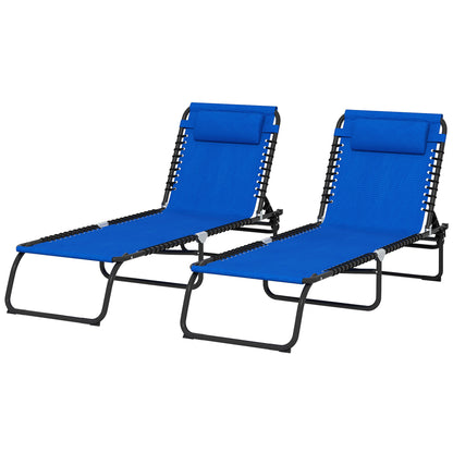 2 Pcs Folding Sun Lounger Beach Chaise Chair Garden Cot Camping Reclining with 4 Position Adjustable Blue