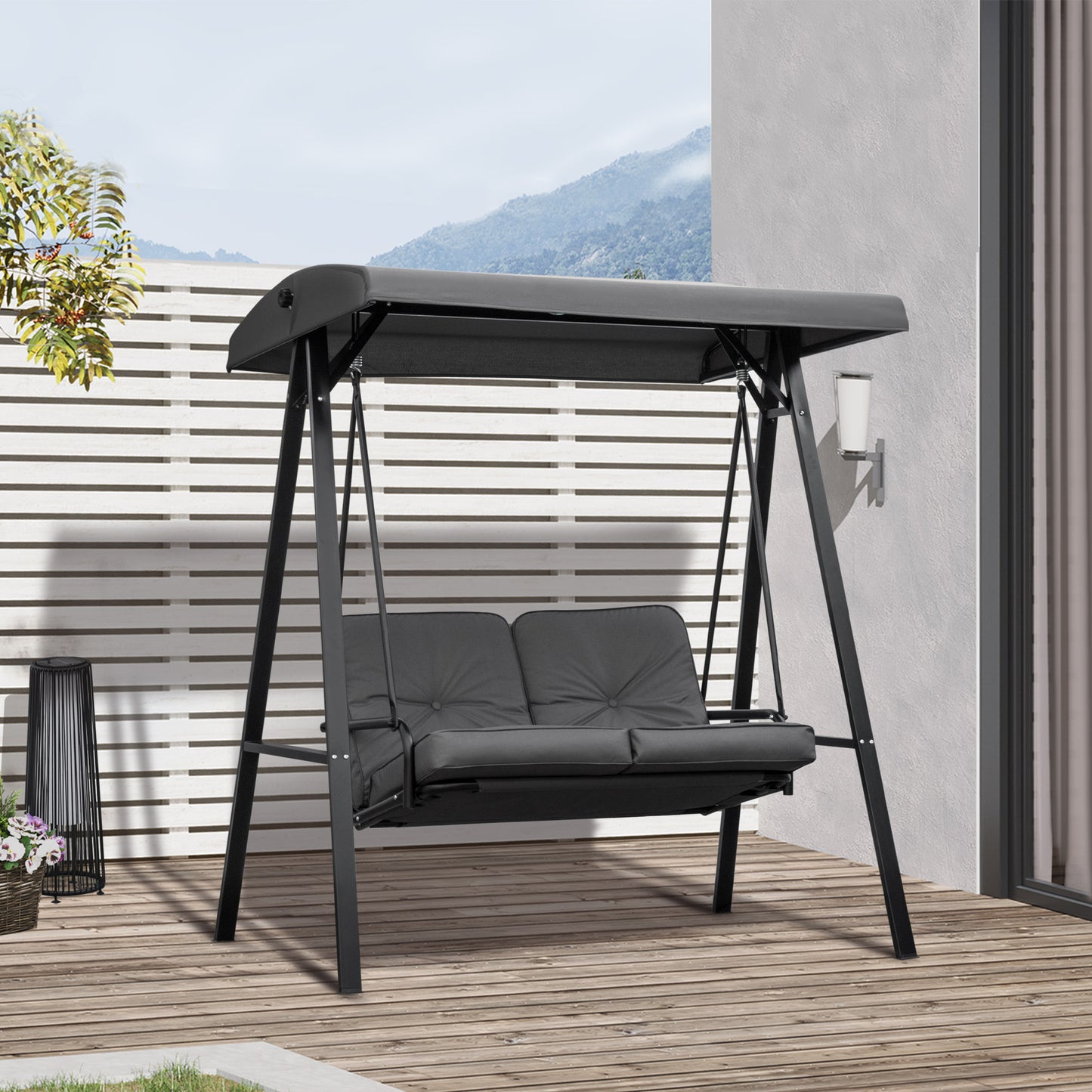 2 Seater Garden Outdoor Swing Chair Hammock w/ Adjustable Canopy Grey