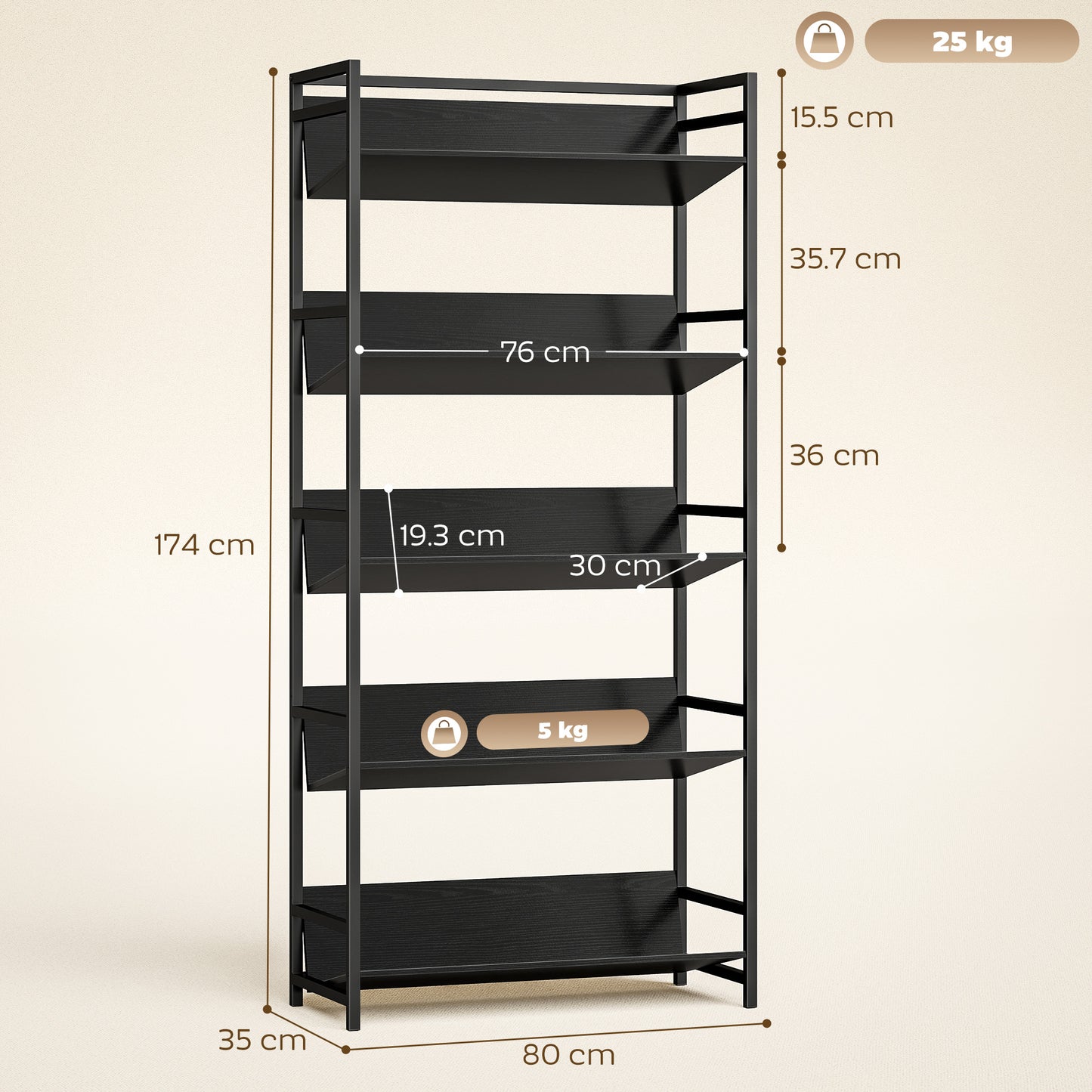 Bookshelf Anti-Slip Design 5-Tier Black