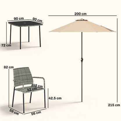 4 Seater Rattan Dining Set with Parasol, Light Grey