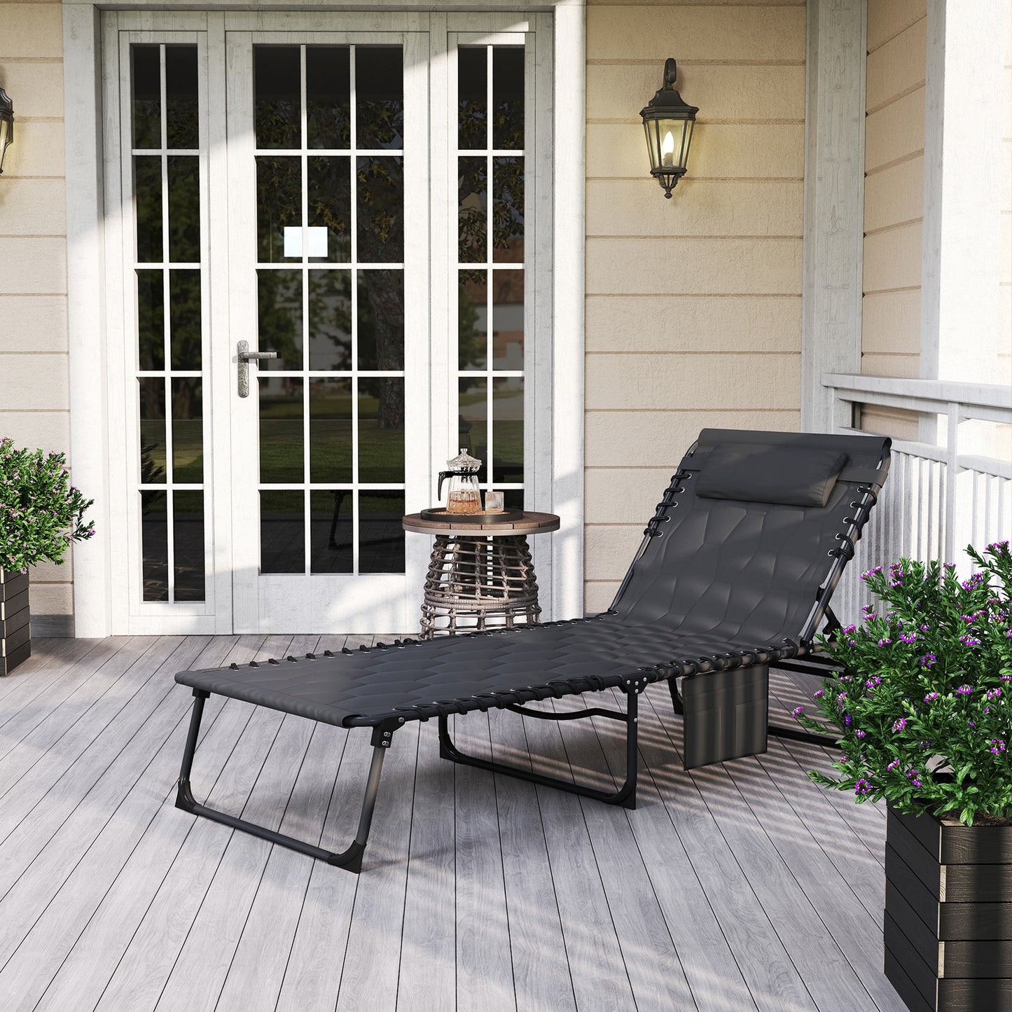Foldable Sun Lounger with Reclining Back and Padded Seat, Black