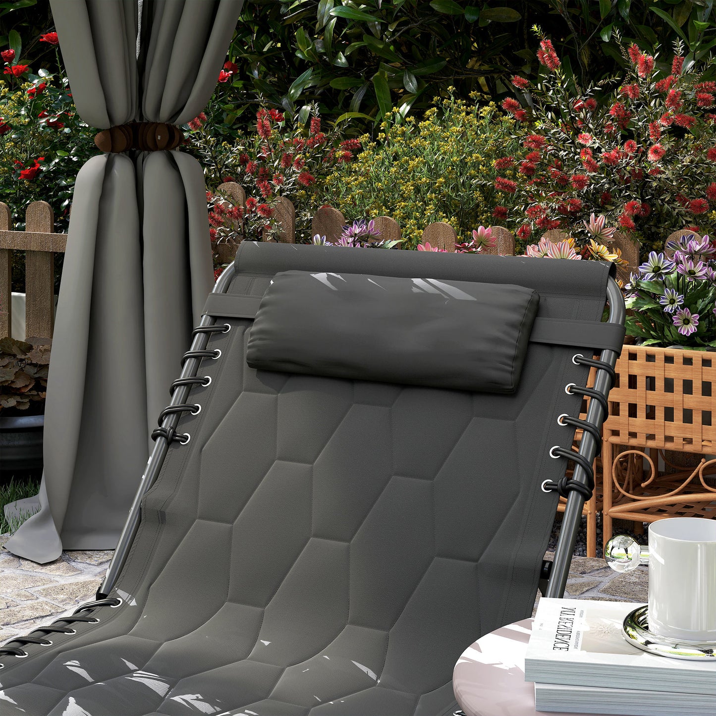 Foldable Sun Lounger with Reclining Back and Padded Seat, Black