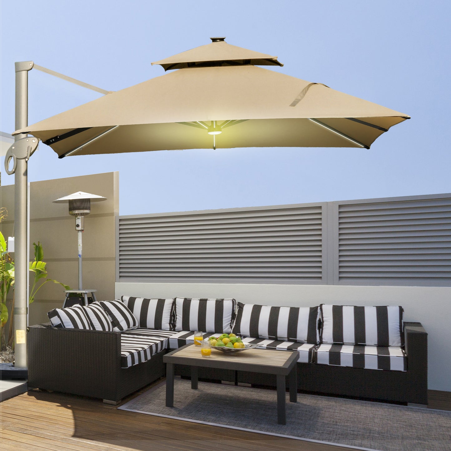 3 x 3(m) Cantilever Umbrella Power Bank Solar Cold Light Khaki