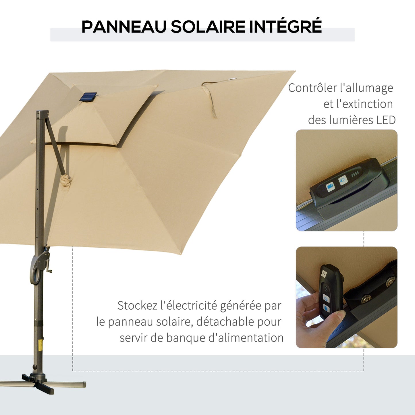 3 x 3(m) Cantilever Umbrella Power Bank Solar Cold Light Khaki